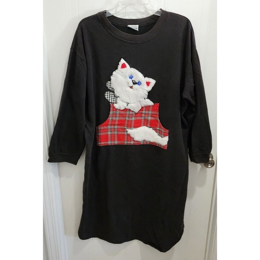 Vintage Basic Editions Women's Long Sleeve Crewneck‎ Sweatshirt Dress Furry Cat